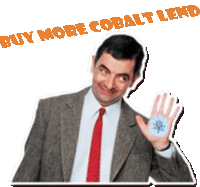 a man in a suit and tie is holding a clock in his hand with the words buy more cobalt lend below him