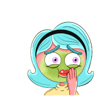 a cartoon drawing of a girl with a green mask on her face