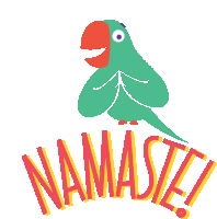 a green parrot with a red beak is standing next to the word namaste