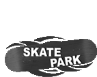 a black and white logo for a skate park with a skateboard on a white background .