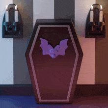 a black coffin with a purple bat on the front