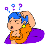 a cartoon of a woman with blue hair scratching her head