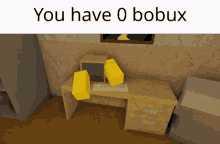 a computer sits on a desk with the words " you have 0 bobux " below it