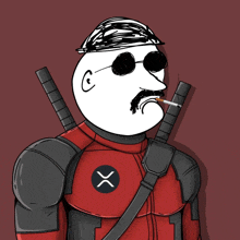 a drawing of a man wearing a deadpool costume smoking a cigarette