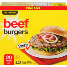 a box of no name beef burgers has a picture of a hamburger on it