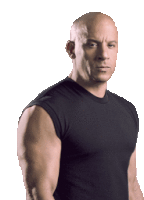 a bald man wearing a black sleeveless shirt is standing in front of a white background