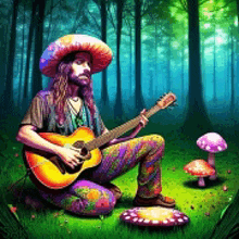 a man is kneeling down playing a guitar in a forest surrounded by mushrooms .