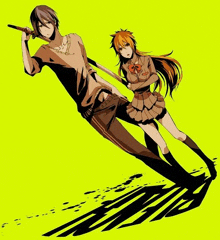 a man is holding a sword next to a girl with long orange hair