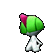 a cartoon character with a green hat and a red flower on its head .