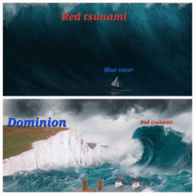 a picture of a boat in the ocean with the words red tsunami and blue voter