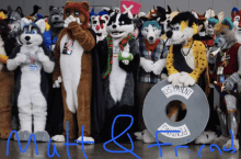 a group of furry mascots standing next to each other with matt and friend written on the bottom