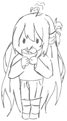 a black and white drawing of a girl with long hair holding a cup of coffee .