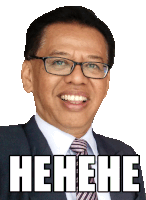 a man wearing glasses and a suit is smiling with the word heneche below him