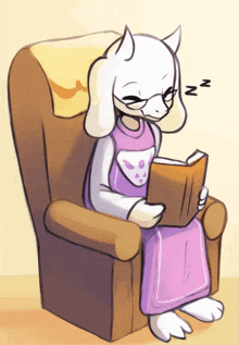 a cartoon drawing of a cat sitting in a chair reading a book and sleeping