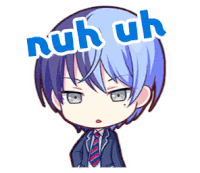 a cartoon of a boy in a suit and tie with the words ` ` nuh uh ` ` written on his head .