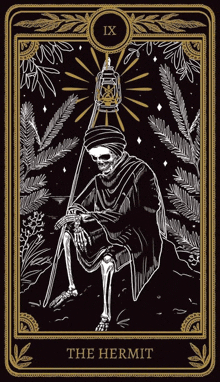 a tarot card shows a skeleton holding a cane and a lantern and says the hermit on the bottom