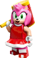 a lego figure of amy rose holding a yellow hammer