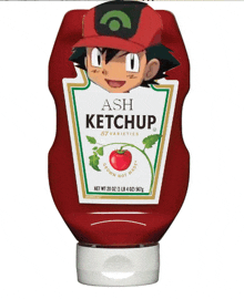 a bottle of ash ketchup has a picture of a pokemon on the label