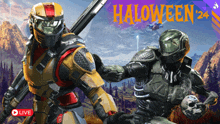 two soldiers are standing next to each other in front of a purple background that says halloween 24