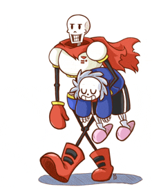 a cartoon drawing of papyrus carrying a skeleton on his back