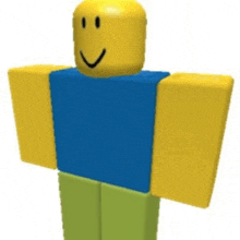 a roblox character wearing a blue shirt and green pants with a smiley face on his face .