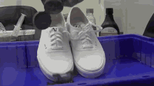 a pair of white vans shoes sit in a blue container