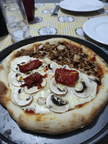 a pizza in a pan with mushrooms and tomatoes on it