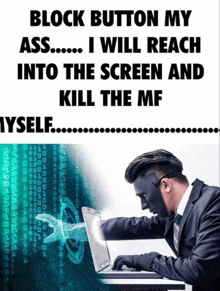 a man with a mask on his face is typing on a laptop computer