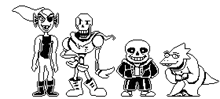 a black and white drawing of a group of undertale characters standing next to each other .