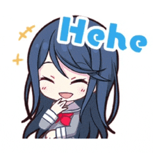 a cartoon of a girl with long blue hair laughing with the words hohe written above her head .