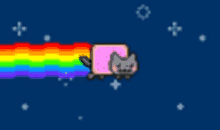 a cat is flying through the air with a rainbow coming out of it 's mouth .