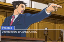 a man in a suit and tie is pointing at a woman in a courtroom in a video game .