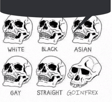 a black and white drawing of skulls with the words white black asian gay straight goinfrex on the bottom