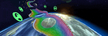 a computer generated image of a planet with a rainbow in the middle of it