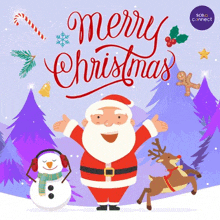 a merry christmas greeting card with santa claus and his reindeer