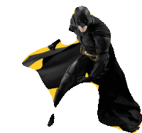 a man in a batman costume is flying through the air with a yellow background