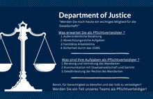 a poster with a scale of justice and the words department of justice