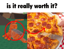 a person holding a slice of pepperoni pizza next to a picture of a pizza