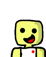 a cartoon drawing of a yellow cube with a red tongue sticking out