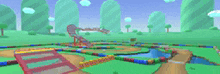 a blurred image of a video game scene with trees and a river