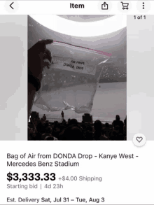 a bag of air from donda drop kanye west mercedes benz stadium for $3,333.33