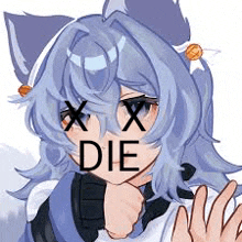 a drawing of a girl with a cat ear and a flower in her hair with the words `` xx die '' written on her face