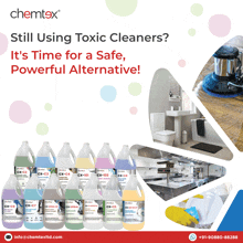 an advertisement for chemtex cleaning supplies shows a bathroom and kitchen