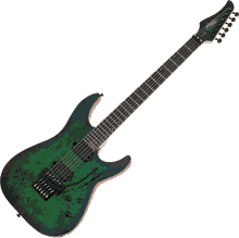 a green electric guitar with the word schecter on the headstock