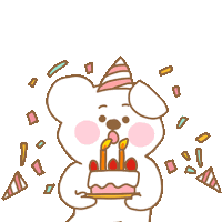 a teddy bear wearing a party hat is holding a birthday cake with candles