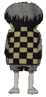 a drawing of a boy with a checkered vest on