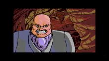 a pixel art drawing of a bald man with a purple scarf around his neck