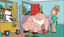 a cartoon of peter griffin sitting on a couch with a forklift in the background