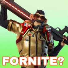 a monkey holding a gun with the words fornite written on the bottom