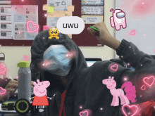 a person wearing a mask has a speech bubble that says uwu on it